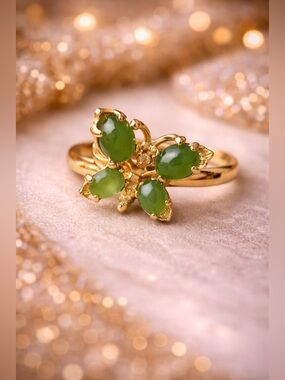 Vintage Chinese Style Green Jade Butterfly Ring Gold Plated Size 5